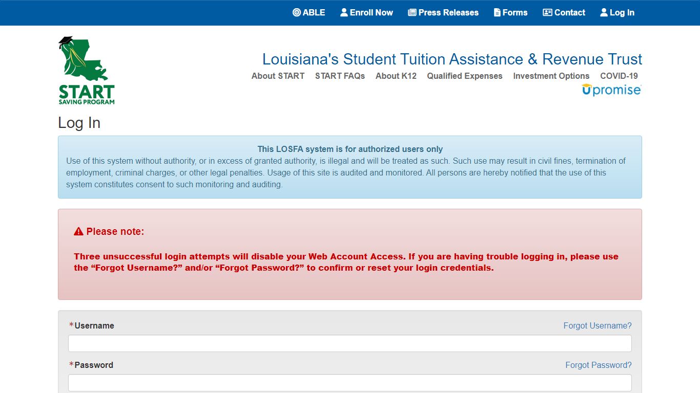 Log In | Louisiana's Student Tuition Assistance & Revenue Trust